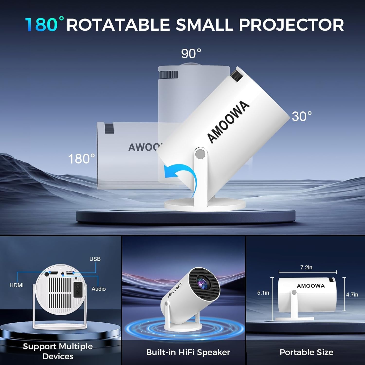 Portable 4K Mini Projector with Wifi and Wireless Bluetooth, Smart Proyector Wit