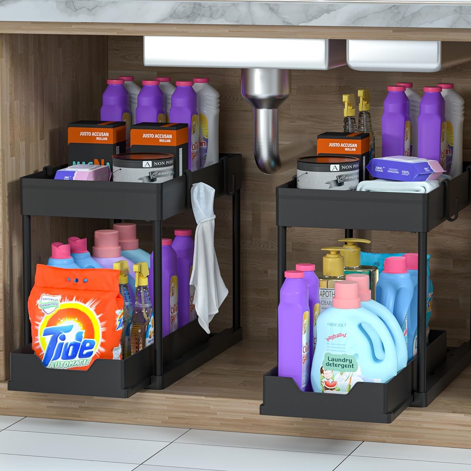 2 Pack under Sink Organizer, 2 Tier Bathroom Cabinet Organizer with Sliding Basket, Multi-Purpose under Sink Organizers and Storage for Bathroom Kitchen (Black 2 Pack)