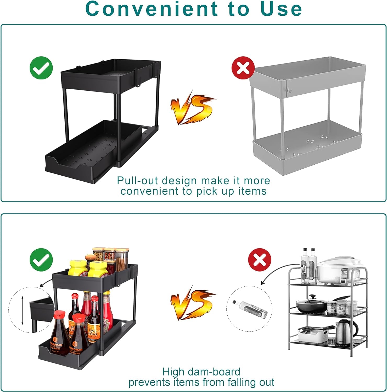 2 Pack under Sink Organizer, 2 Tier Bathroom Cabinet Organizer with Sliding Basket, Multi-Purpose under Sink Organizers and Storage for Bathroom Kitchen (Black 2 Pack)