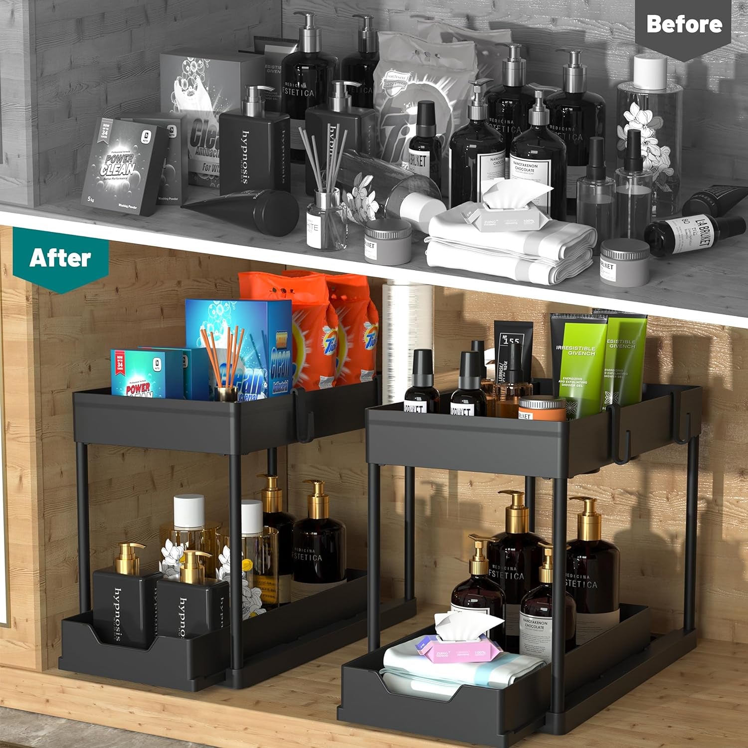 2 Pack under Sink Organizer, 2 Tier Bathroom Cabinet Organizer with Sliding Basket, Multi-Purpose under Sink Organizers and Storage for Bathroom Kitchen (Black 2 Pack)